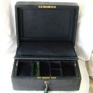   Quality Antique Leather Jewellery Ring Box Bramah Lock C1870
