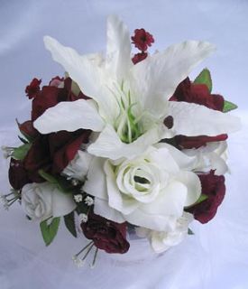 21pc Lily Bridal Bouquet Wedding Flowers Ivory Burgundy