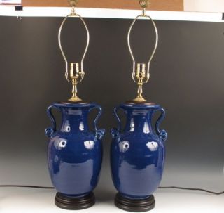 Pair Bradburn Gallery Blue Porcelain & Brass Electric Table Lamps