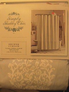 Brand New Simply Shabby Chic Shower Curtain Grey Floral Scroll Stripe
