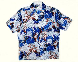 Mens Vintage 1970s Palm Tree of Branford Hawaiian Aloha Shirt Poly 