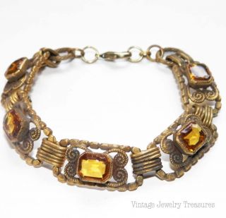 Antique Vintage Amber Czech Glass Brass Bracelet