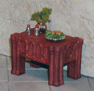 Side Table with Salad Platter, Plant and Oil & Vinegar Bottles