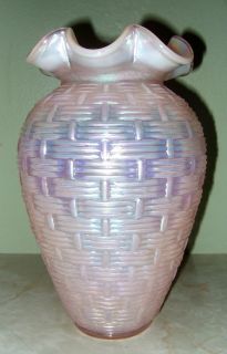 Fenton Pink Iridescent Basket Weave Vase 95th Anniversary Year 2000 