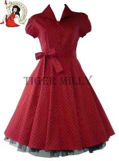 50s Tea Party Small Polka Dot Vintage Dress Red Black Size 8 18 