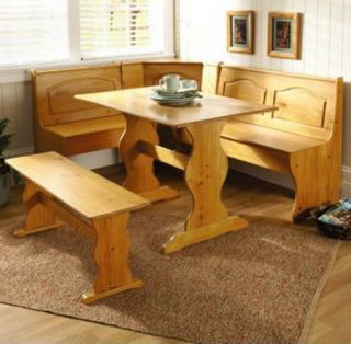 Pine Color Kitchen Dining Room Wood Breakfast Nook Table and Bench 