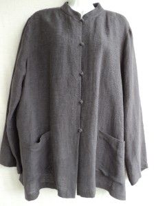 Eileen Fisher Gray Textured Linen Cotton Stand Collar Jacket Tunic L 