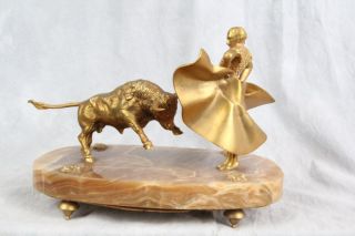 L102 Murcia Spanish 1950s Gilded Bronze Bull Fighting Banded Agate Ink 