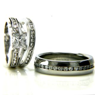   Womens Stainless Steel 1.24ct CZ Engagement Wedding Bridal Ring Set