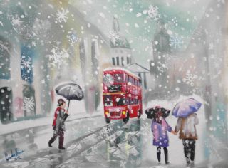   double decker bus winter snow scen original painting Gordon Bruce art