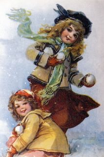 12x8 Brundage Print Winter c19th Victorian School Children Sister 