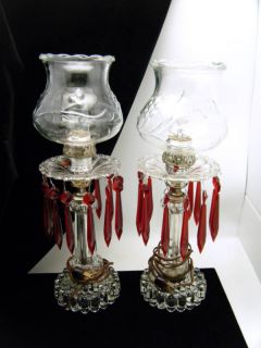 Pair Vintage Electric Table Lamps Clear Glass Bubble Base Red Acrylic 
