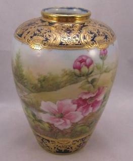 antique nippon cobalt scenic vase with pink flowers heavy gold