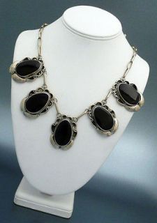 Black Onyx 5 Stone Large Feather Necklace   Mexican Silver