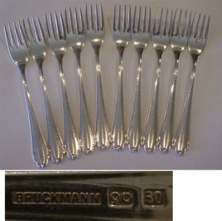 Vintage Bruckmann 90 Silver Set of 10 forks 7 inch.   Pattern ?