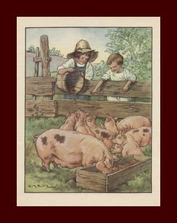 Children Feeding Pigs by C M Burd Vintage Print Authentic 1936
