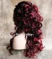 Burgundy and Black Mix 3 4 Fall Hairpiece Long Curly Half Wig Hair 