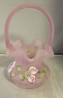 Fenton Art Glass Hand Painted by K Buskirk Coralene Satin Glass Basket 