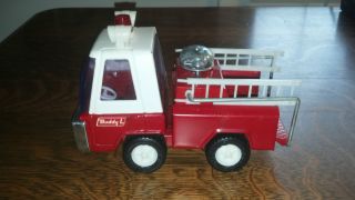 VINTAGE BUDDY L WHITE & RED FIRE RESCUE TRUCK WITH BELL AND LADDERS 