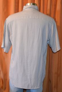 Bugatchi Uomo Short Sleeve White Black Blue Modal Rayon Stripe Shirt 