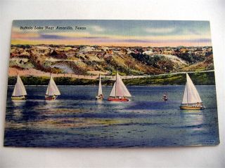 Sailboats Buffalo Lake Amarillo Texas Linen Postcard