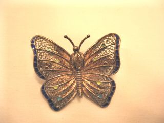 Butterfly Pin Brooch Silver Blue Green Amber Enamel