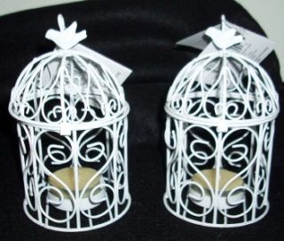 Set of Two Bright White Metal Bird Cage Candle Holders w Bird Tea 