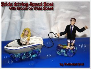   Boat with Groom on Wake Board Wedding Cake Topper Personalized