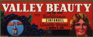 Crate Label Vintage California Grape Wine Mondavi Valley Beauty Pin Up 