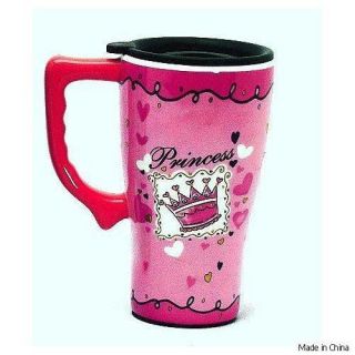 Pink Princess Ceramic Coffee Travel Mug, Plastic Lid Cover, NIB [11773 