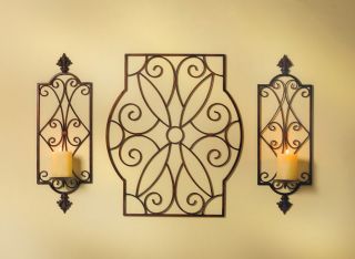 Wrought Iron Tuscan Candle Wall Sconces and Panel Trio
