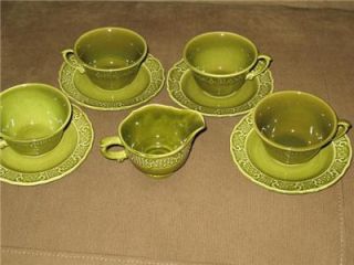 Vintage Canonsburg Pottery Madeira Olive Green 4 Cups Saucers Creamer 