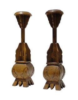 Vintage Handmade Solid Elm Wood Brown Candle Holders / Pair f141