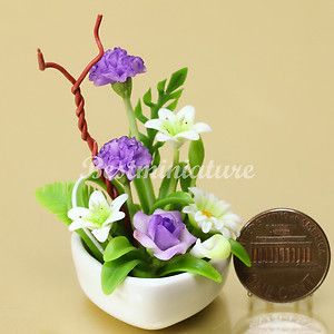 Dollhouse Miniature Flower Arrangement Bouquet Carnation Lily Rose Pot 