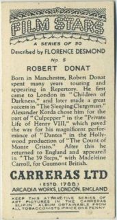 Robert Donat 1936 Carreras Film Stars Tobacco Card