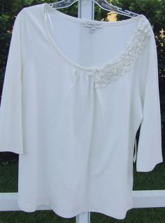 Carroll Reed Pima Cotton Blend 3 4 Sleeve Frill Neckline Blouse Shirt 