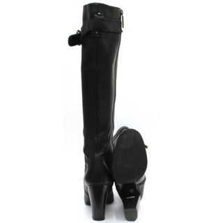 Flavio Castellani Made in Italy Black Leather Chunky Heel Knee Boots 
