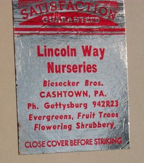 1950s Matchbook Lincoln Way Nurseries Cashtown PA MB