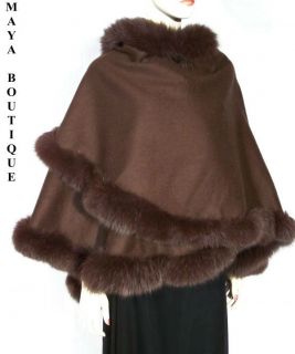 Brown Cashmere Real Fox Fur Trim Cape Coat Wrap Stole Shawl Maya 