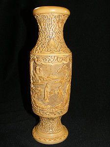 Vintage Faux Ivory Relief Carved Vase Village Scene Made in Italy