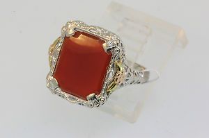   Gold Victorian Flat Faced Carnelian White Gold Filigree Ring