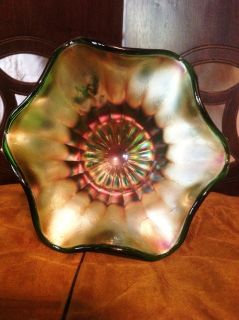 Northwood Smooth Rays Carnival Glass Opalescent Ruffled Pedestal Candy 