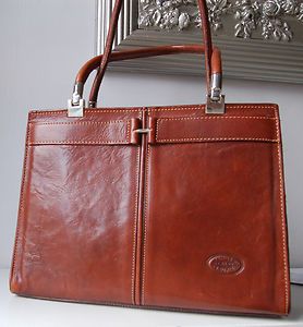 CONTE DI CAVOUR /ITALY ELEGANT BROWN LEATHER KELLY BAG PURSE SILVER 