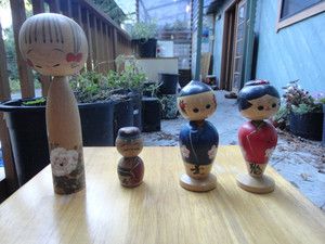 Vintage Japanese Bobble Heads Kokeshi Wood Dolls Lot of 4 Dolls