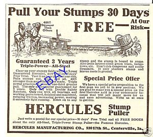 Nice 1910 Hercules Stump Puller Ad Centerville Iowa