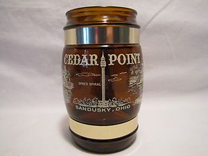 Vtg Cedar Point Space Spiral RR Amber Glass Wood Handle Barrel Mug 