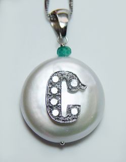 High Quality Diamond Initial C Pearl Emerald 14k White Gold Pendant 