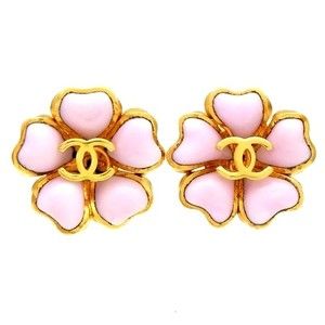Authentic Vintage Chanel Earrings Gripoix Glass Pink Flower CC Logo 