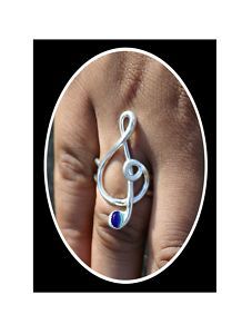 Silver Treble Clef Music Note Ring Blue Catseye