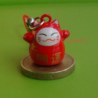 Red Black White Lucky Cat Bell Cell Phone Charm Bead Maneki Neko Ring 